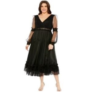 Mac Duggal Dress Midi, Size 20W, Long Sleeves, Ruching, Tulle, Lace Waist,  NEW!